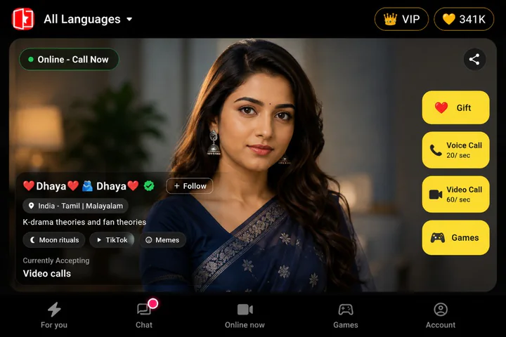 StarRoom For you feed showing an influencer profile with call and gift actions